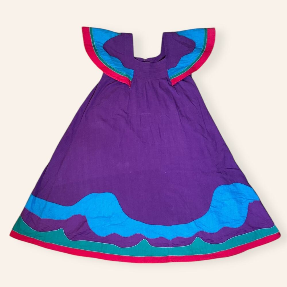 VTG Mexican Tipicano Cotton Boho Kaftan Dress Purple Multicolor